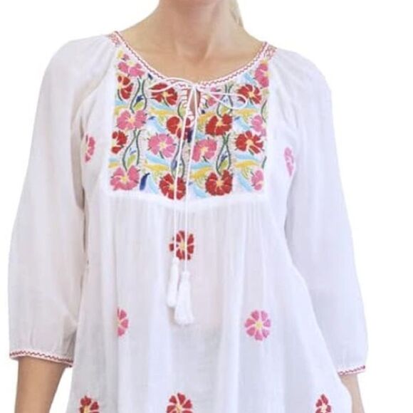 LA CERA | NWT Women's 3/4 Sleeve Embroidered Peasant top White Size S Retail $98 - Picture 2 of 9